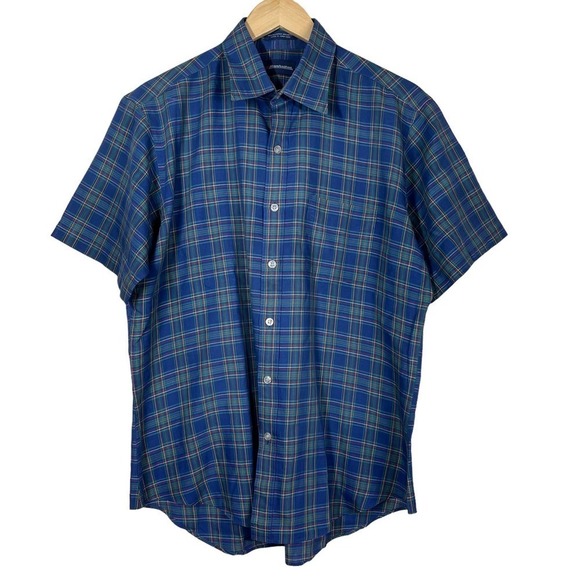 Vintage 90’s Manhattan Button Down Shirt Navy Plaid Large - Picture 5 of 6